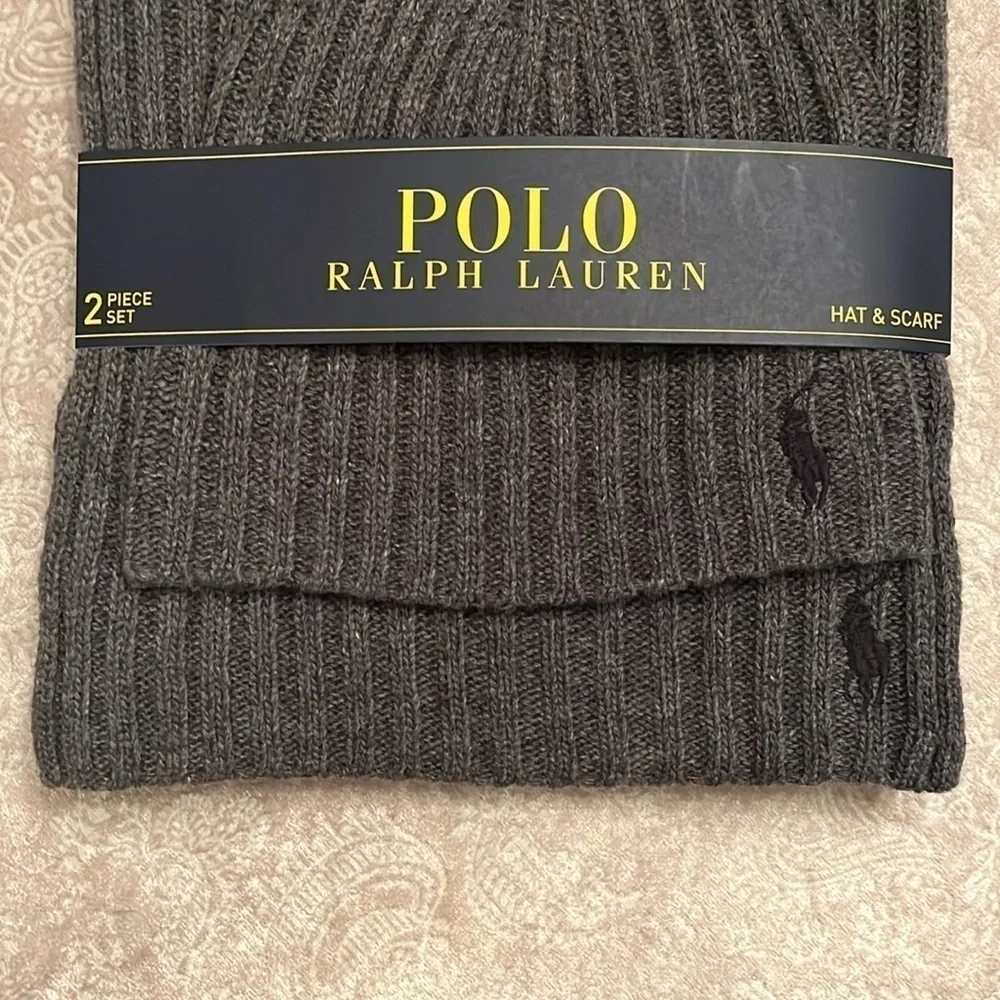 Brand New Polo Ralph Lauren 2-Piece Knit Beanie Hat & Scarf Set Gray Wool Pony